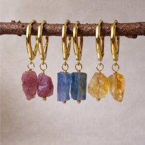 ✨ Handmade Raw Gemstone Hoop Earrings – Kyanite, Pink Tourmaline & Citrine ✨